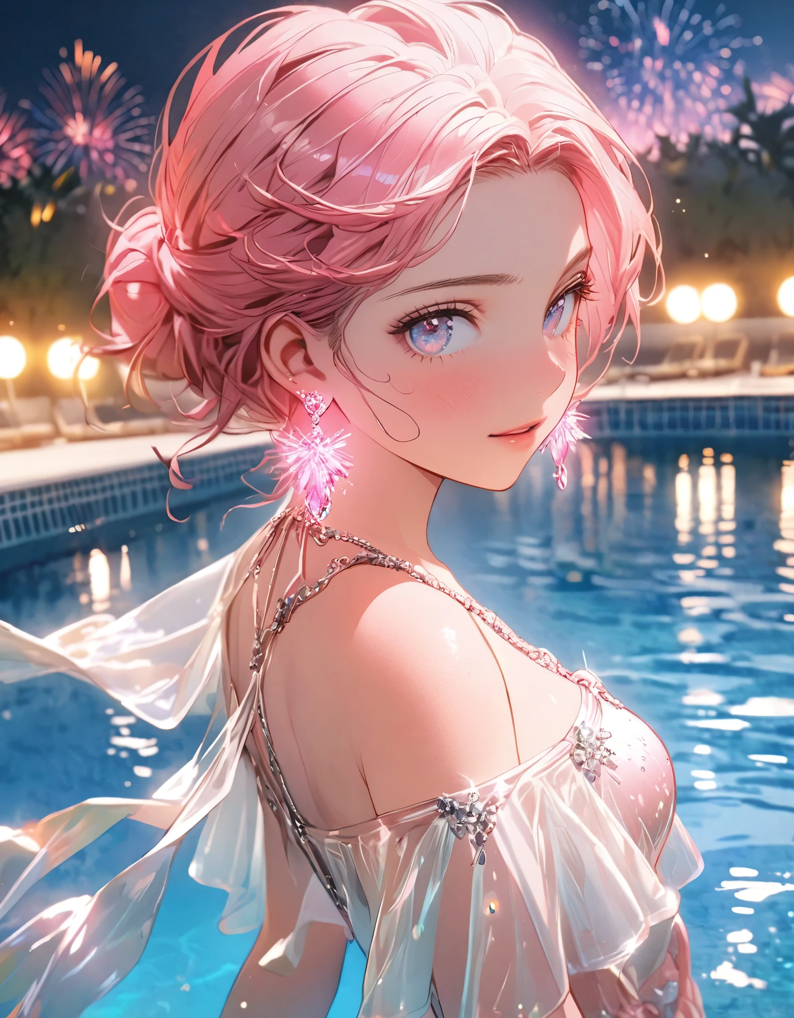 8K,gal,an extremely delicate and beautiful,Beautiful and realistic skin,Shiny jewel-like earrings,glowing tattoo,Long pink hair,beautiful eyes,whole body,beautiful regs,beautiful swimsuit, Shining brightly cave lake