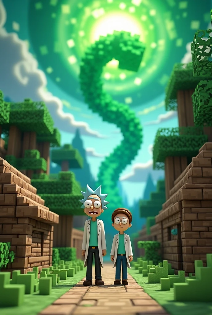 Minecraft characters Rick and Morty exit a big green swirling portal and begin to explore a Mincraft town with a forest nearby
