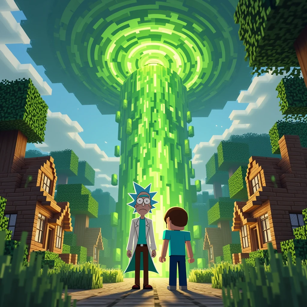 Minecraft characters Rick and Morty exit a big green swirling portal and begin to explore a Mincraft town with a forest nearby
