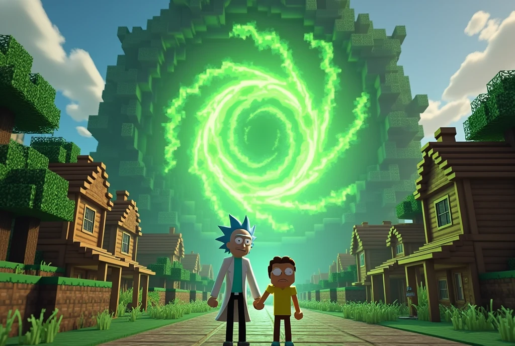 Minecraft characters Rick and Morty exit a big green swirling portal and begin to explore a Mincraft town with a forest nearby
