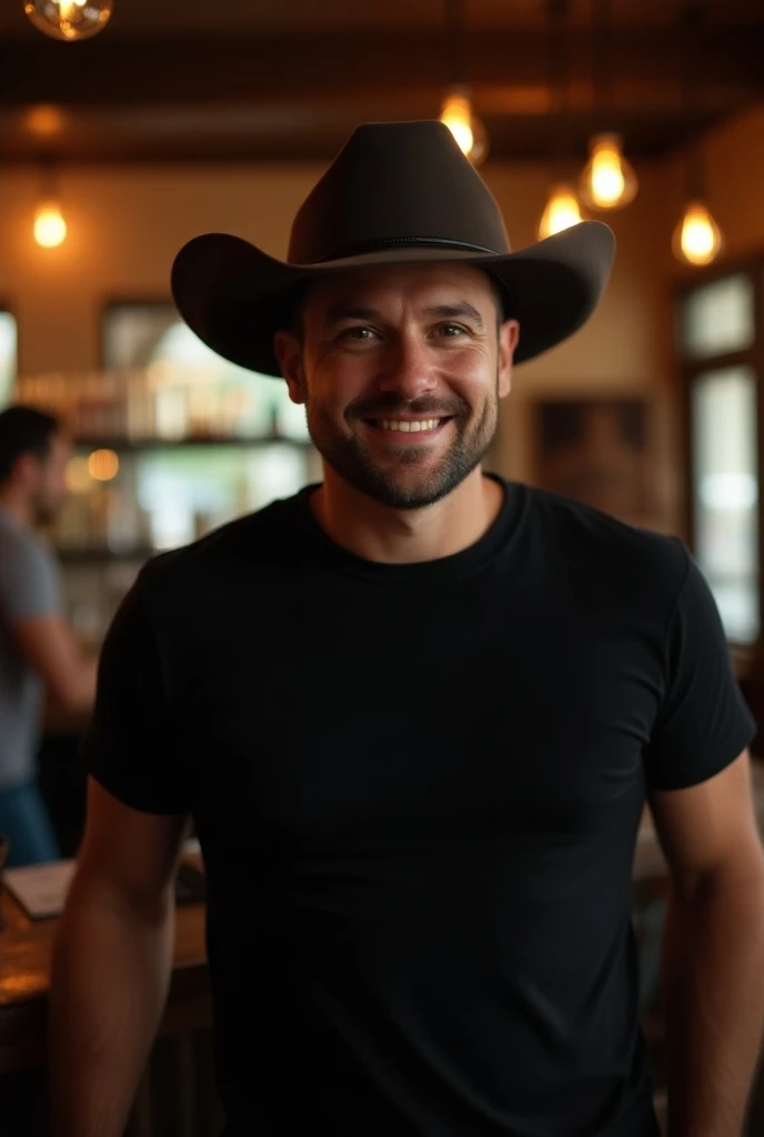 Generate an image size 9 :16 a man at a bar he's wearing a basic black t-shirt with no print and a country hat. Highlight the t-shirt because I will put a print on each t-shirt. It captures the casual and welcoming style of the , environment perfect to convey the social and relaxed vibe.