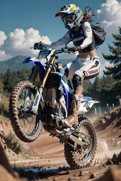 Yamaha WR250, The Racer Girl,モトクロスレース ,ナイトライディング,best quality, Ultra Wide Angle, Brown Skin ,  brown skin that supports each other , Full of mud, wearing motocross boots , muddy , abs,Jump over a hill , 