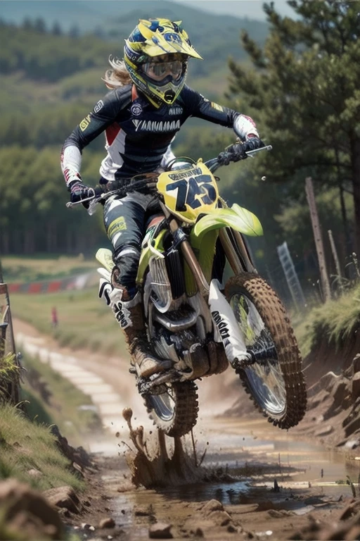 Yamaha WR250, The Racer Girl,モトクロスレース ,ナイトライディング,best quality, Ultra Wide Angle, Brown Skin ,  brown skin that supports each other , Full of mud, wearing motocross boots , muddy , abs,Jump over a hill , 