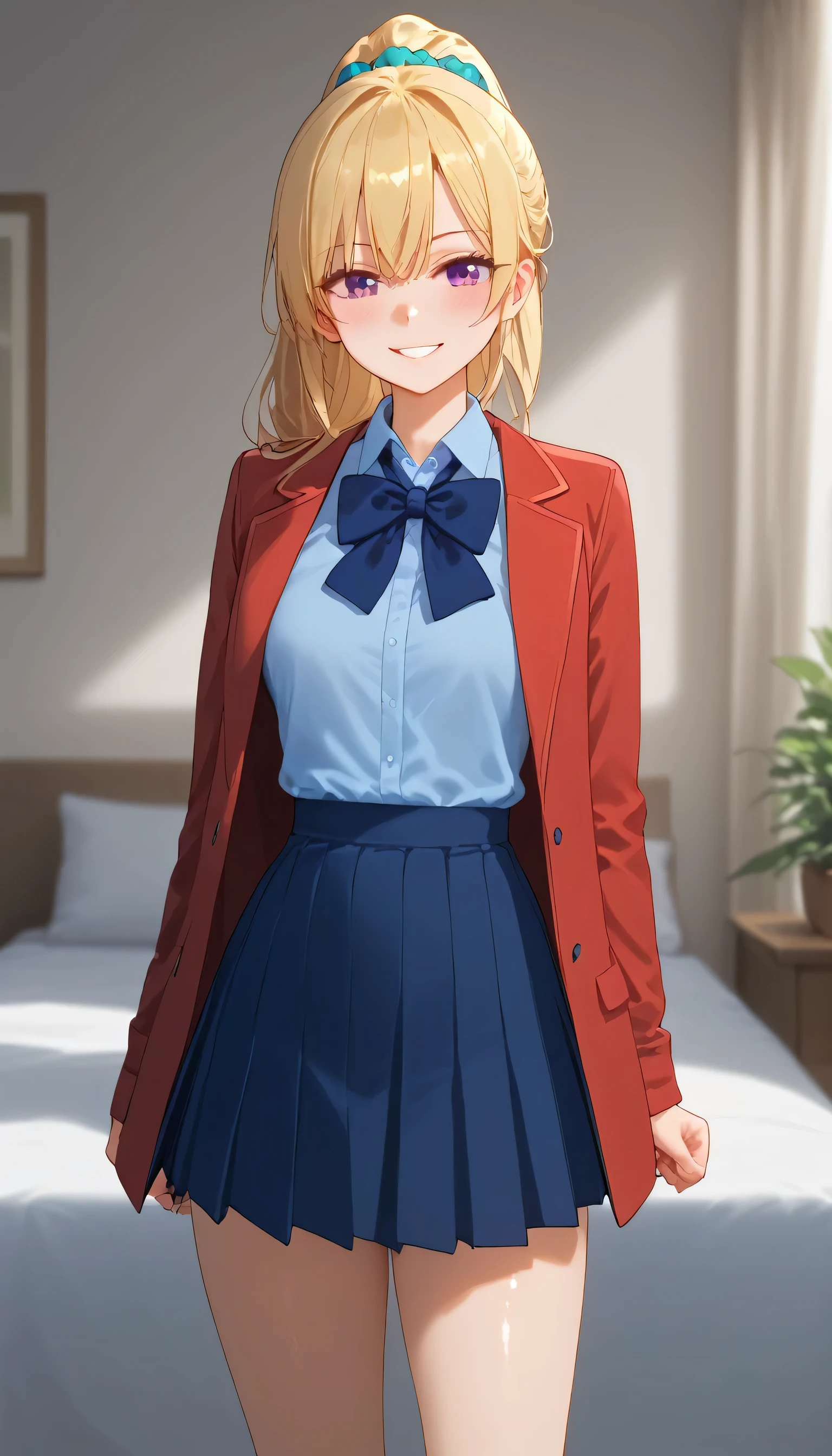 score_9,score_8_up,score_7_up, skiny skin, 1girl, KeiKaruizawa, Kei Karuizawa, ponytail hairstyle, parted lips, blue skirt, bangs, hair tie, violet eyes, blush, breasts, blue shirt, collared shirt, bowtie, red coat around waist, pleated skirt, red skirt, small breasts, solo, looking at viewer, blonde hair, blonde hair, blue scrunchie, school outfit, school costume, closed mouth, long sleeves, ponytail hairstyle, collarbone, smile, large smile,(( full shot, full body)), blush, long hair, detailed, (masterpiece, top quality, best quality, official art, beautiful and aesthetic:1.2), (1girl:1.3), extremely detailed, official artstyle, highest detailed, parted lips,wallpaper, beautiful blonde hair, bangs, (happiness, beautiful smile, happy expression, happy face), standing