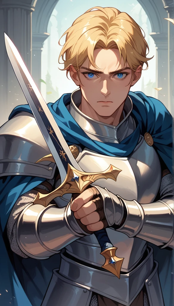 Male, Average Build, BLONDE Hair, Mid Parted Hair, Bangs, Blue Eyes, Defined Face, Beautiful Eyes, Knight Armor, Blue Cloak, Armored Gauntlets, Fingerless Gloves, holding sword,1man, solo, 