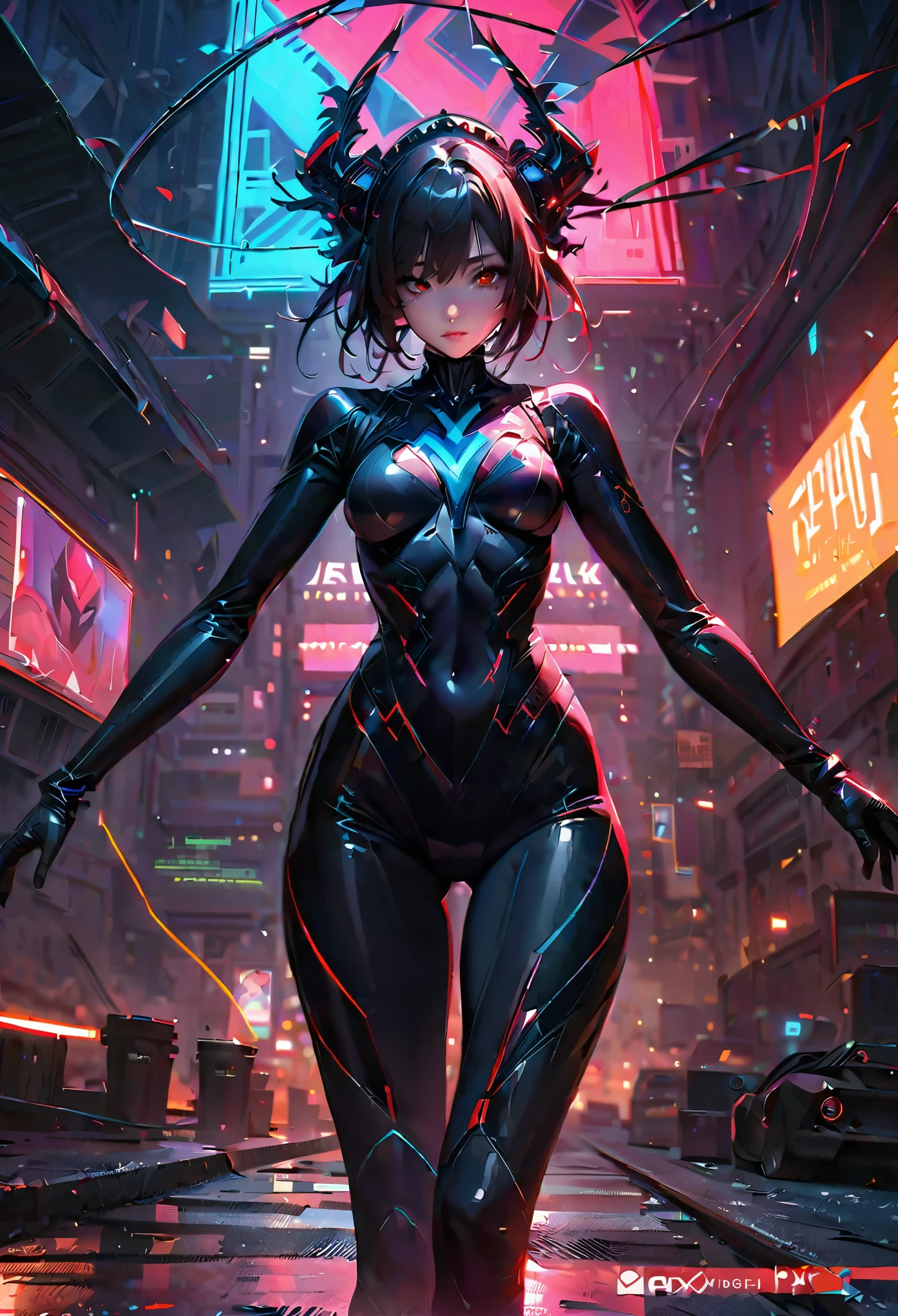 ((1 lady))、masterpiece, ultra-detailliert, 8k, hiquality, Top image quality, digitial illustration, Seductive Anime Girl,, Meticulously drawn  hair, Detailed eye depiction, Glossy realistic skin texture、Smooth texture、shiny skin、((cyberpunk:1.2)), ((dynamism:1.3))、((acrobatic posing:1.4))、arched back、Hover effect、((latex suit:1.2)),、((crop top navel:1.2))、((torn clothes:1.3))、((cleavage:1.2))、((highleg:1.3))、((huge hip:1.3))、((Being in night ruins:1.3))、Sharp Focus, draw the full body, Precise human body structure