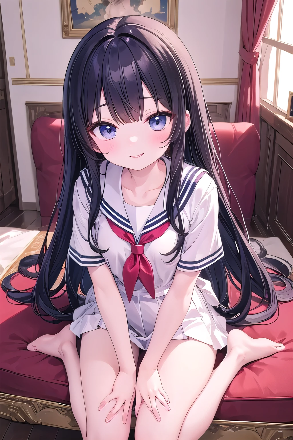 Professional filming、profetional lighting、top-quality、Twin-tailed、A dark-haired、a 18 year old girl、Short stature、（one girls）、（Fine eyes、Smaller face）、Cute smile、Beautiful expression、Idol Costumes、Sleeping in bed、Idol girl lying in bed、look down from above、Sensual angle,japanese high school sailor dress