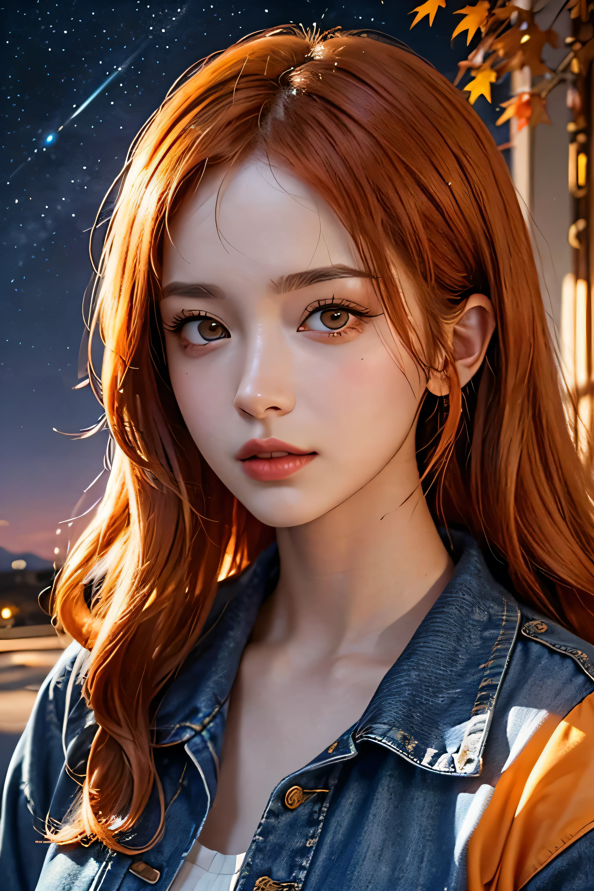 lifelike, High resolution, soft light,1 Miss, (Detailed face), denim jacket，keen vision, noble and inviolable temperament, (([Miss]: 1.2 + [beauty]: 1.2 + long orange hair: 1.2)), Bright Eyes, Purple tone pattern，purple light and shadow，（standing on the street），Clear beauty, Miss, 20 years old，((Autumnal) )，beautiful and delicate gaze, Good 8KCG wallpaper, official art， super detailed， masterpiece， best quality， Detailed face，expression of stoicism，dynamic poses，meteor，starry sky，Milky Way，（original photo，best quality），（realistically，Real shot：1.3），best quality，Very detailed，masterpiece，super detailed，Enlightenment，Upper Body_Body，dynamic angle，world masterpiece theater，messy_long_hair，best quality，amazing，movie lighting，lens_flare，
