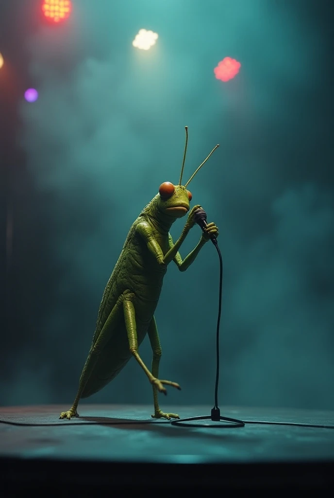 ((best quality)), ((masterpiece)), (detailed), The humanoid female cricket on stage is a fascinating mix of nature and glamour. Its large, smooth red wig contrasts with the texture of its antennae and its elongated, segmented legs., highlighting its cricket essence. The tight green dress highlights her curves, Maintaining Elegance, as the spotlights highlight the glow of her greenish skin and her large, expressive eyes. With the microphone in hand and a confident smile, she is ready to captivate the audience, who watches anxiously under the bright light, creating an atmosphere of glamorous and unique anticipation