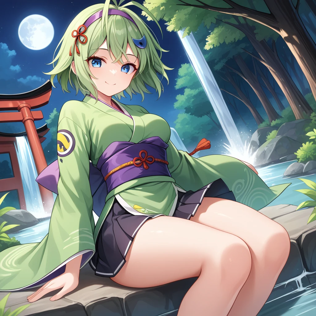 score_9, score_8_up

(masterpiece), best quality, expressive eyes, perfect face, perfect thighs, perfect anatomy, perfect breasts, perfect eyes, medium breasts, perfect thighs, perfect hips,

ninoss, blue eyes, green hair, short hair, antenna hair, purple hairband, hair ornament, forest background, night sky, moon, light wind, wind


ninja clotches, short skirt kimono, green kimono, mini skirt, waterfall, smile, looking at viewer, shrine temple