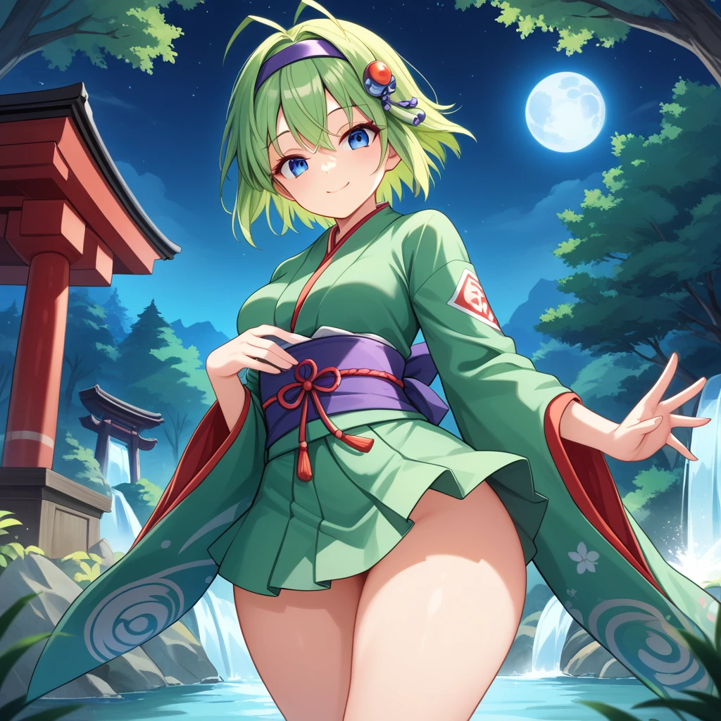 score_9, score_8_up

(masterpiece), best quality, expressive eyes, perfect face, perfect thighs, perfect anatomy, perfect breasts, perfect eyes, medium breasts, perfect thighs, perfect hips,

ninoss, blue eyes, green hair, short hair, antenna hair, purple hairband, hair ornament, forest background, night sky, moon, light wind, wind


ninja clotches, short skirt kimono, green kimono, mini skirt, waterfall, smile, looking at viewer, shrine temple