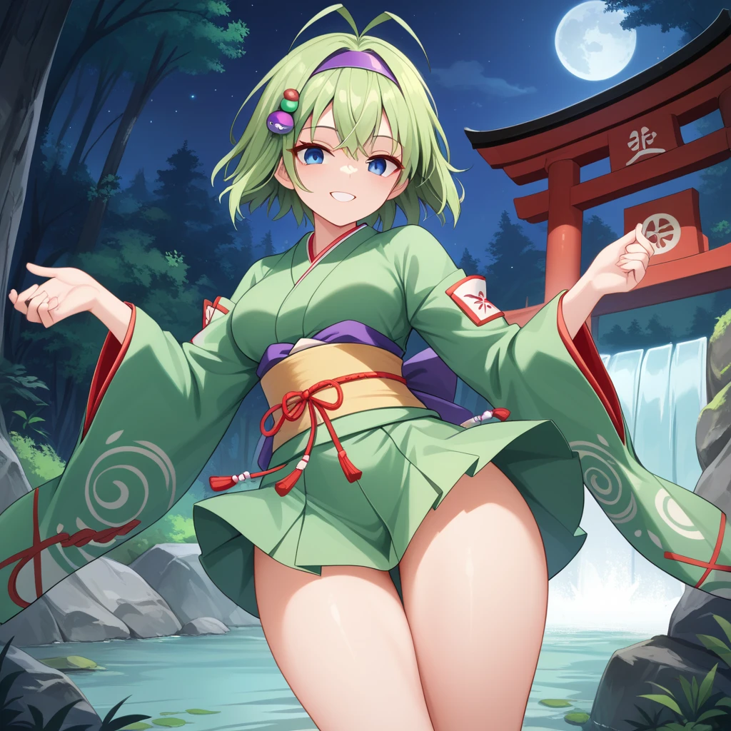 score_9, score_8_up

(masterpiece), best quality, expressive eyes, perfect face, perfect thighs, perfect anatomy, perfect breasts, perfect eyes, medium breasts, perfect thighs, perfect hips,

ninoss, blue eyes, green hair, short hair, antenna hair, purple hairband, hair ornament, forest background, night sky, moon, light wind, wind


ninja clotches, short skirt kimono, green kimono, mini skirt, waterfall, smile, looking at viewer, shrine temple