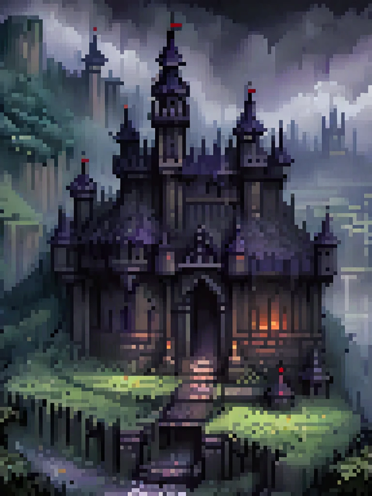 a dark castle, isometric pixel art, detailed architecture, gothic style, fantasy landscape, moody lighting, cinematic composition, atmospheric effects, digital art, 8k, highres, masterpiece, (best quality:1.2), (realistic:1.37)