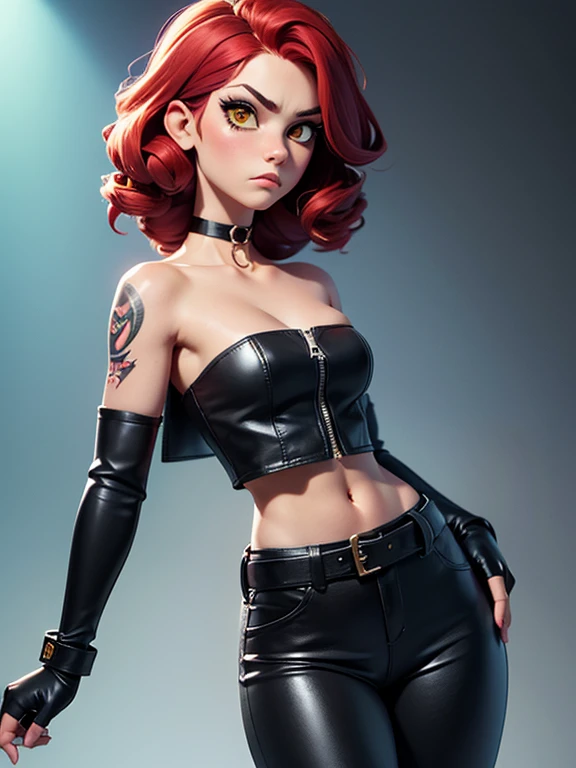 (masterpiece:1.2), best quality, high resolution, unity 8k wallpaper (illustration:0.8), 1girl, solo, long red hair with some curls, yellow eyes, mascara, blush eyeshadow, skin covered in tattoo's, medium breasts. (Wearing: Opened black jacket, black choker, red strapless top, black fingerless gloves, silver belt, black leather pants). Her appearance is in a punk-like style. Looking at the camera with an unamused look, she is expressionless.
