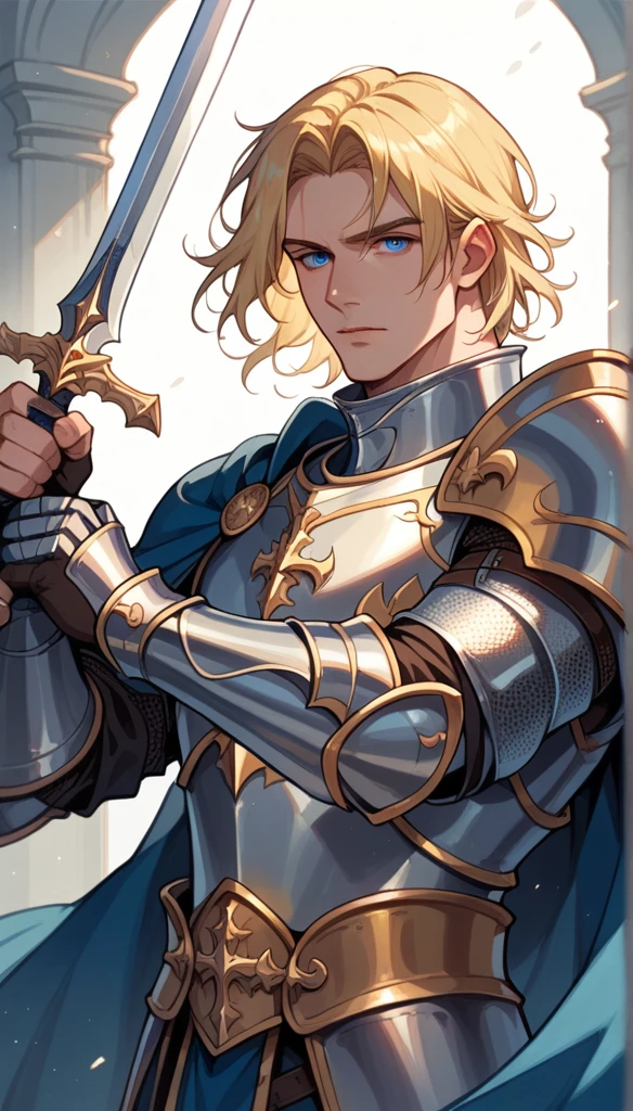 Male, Average Build, BLONDE Hair, Mid Parted Hair, Bangs, Blue Eyes, Defined Face, Beautiful Eyes, Knight Armor, Blue Cloak, Armored Gauntlets, Fingerless Gloves, holding sword,1man, solo, 