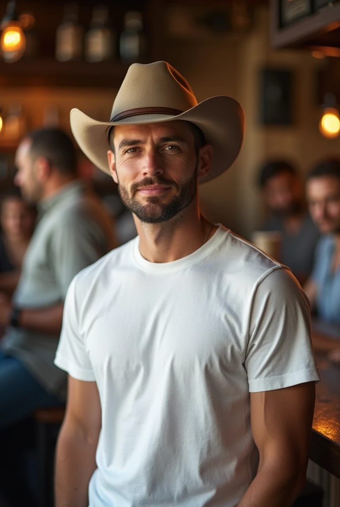 Generate an image size 9 :16 a man at a bar he's wearing a basic white t-shirt with no print and a country hat. Highlight the t-shirt because I will put a print on each t-shirt. It captures the casual and welcoming style of the , environment perfect to convey the social and relaxed vibe.