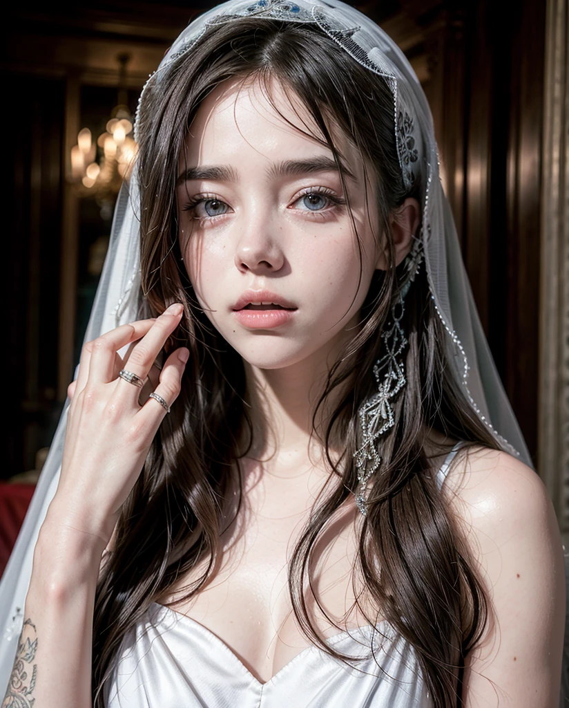 nsfw, (((topless))),,Dilraba Dilmurat, layered hair style, mouth veil, freckles, eyes mascara, masterpiece, best quality, photorealistic, glowing sparkly skin, soft lighting, voluptuous, lying in bed, sharp focus, colorful liquid gel rain, close up, fashion designer, resplendent tiny pearls necklace, baroque