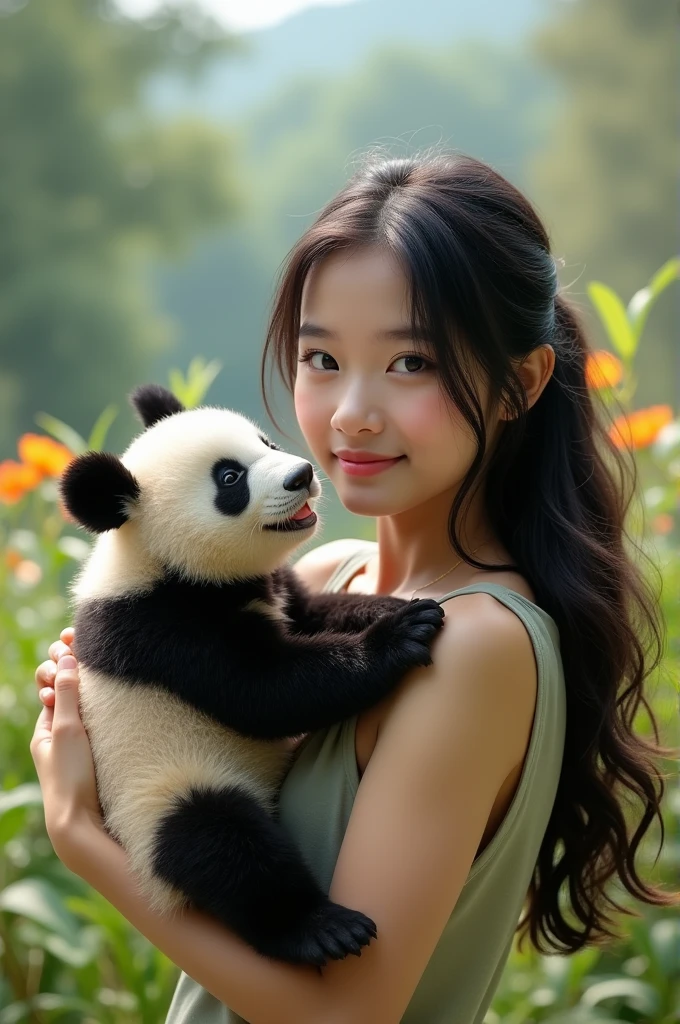 ((masterpiece,best quality,)),close up,side,Cute panda in a small bamboo basket,Sexy woman holding a basket