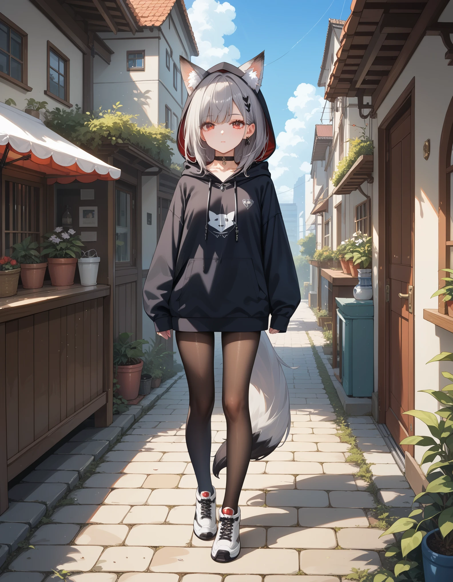 1girl, :o, animal_ears, black_choker, black_pantyhose, choker, expressionless, extra_ears, fox_ears, fox_girl, fox_tail, full_body, grey_footwear, grey_hair, grey_hoodie, hood, hood_down, hoodie, long_sleeves, looking_at_viewer, pantyhose, red_eyes, sleeves_past_wrists, standing, tail,