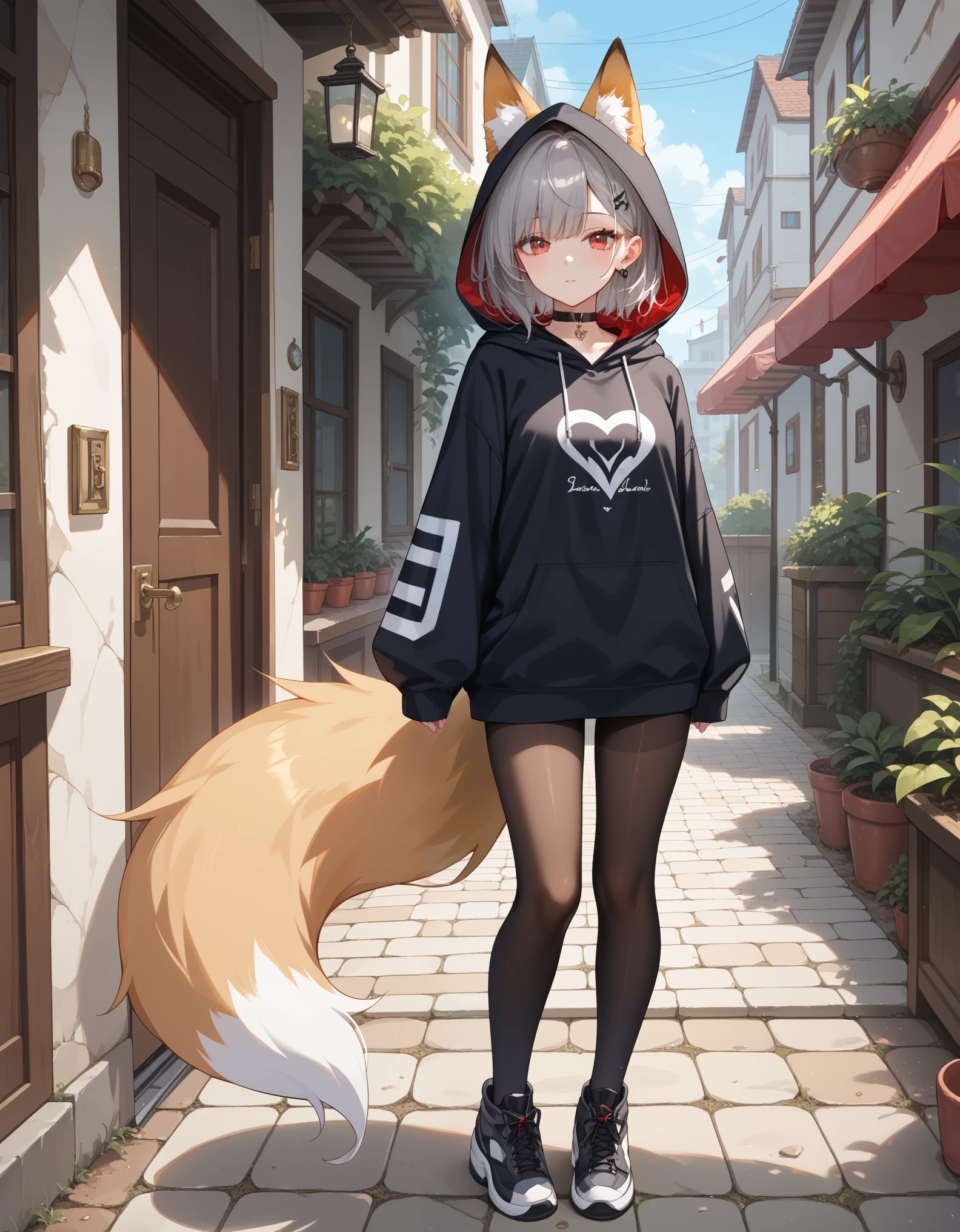 1girl, :o, animal_ears, black_choker, black_pantyhose, choker, expressionless, extra_ears, fox_ears, fox_girl, fox_tail, full_body, grey_footwear, grey_hair, grey_hoodie, hood, hood_down, hoodie, long_sleeves, looking_at_viewer, pantyhose, red_eyes, sleeves_past_wrists, standing, tail,