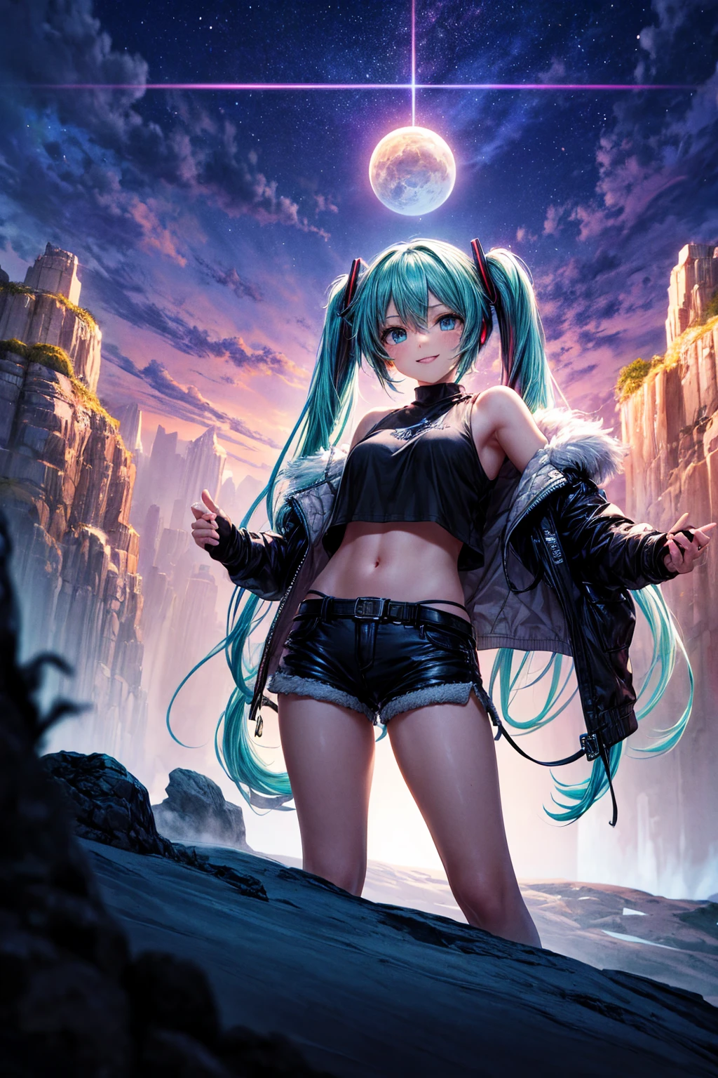 beautiful illustration, best quality, cute girl, outdoor, at night, full moon, mysterious, (neon:0,8), short twintail