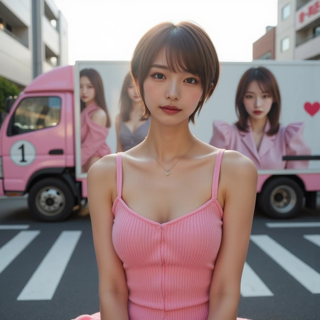 Perfect composition, Proper placement, Golden Ratio, masterpiece, Best Quality, Front View:1.331,  A beautiful Japanese woman is standing ,  SHE'S A FAMOUS SUPERMODEL, campaign girl, pink sexy mini dress :1.21, I can see her belly button :1.21, Brown Hair,  pixie cut hair :1.21,  with a large design truck parked in the back,  A portrait of herself is painted on a large truck,  Her own portrait is a campaign ad,  My original girlfriend is standing with her back to the truck,  sun rays  , Harajuku, Tokyo:1.331,  Cyberpunk City :1.331, intersection,  anatomically correct proportions,  small head ,  global lighting ,  Expression of Absolute Beauty  , Absolute Self-Love  ,