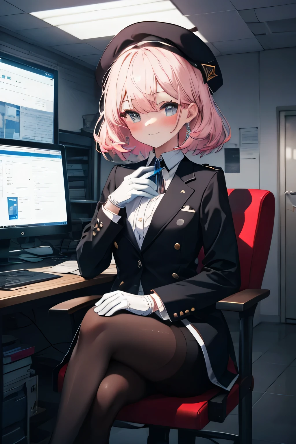 Girl smiling, sitting, building background , building background (office), complete anatomy, graphic effects, first person, Black suit jacket, jacket with collar, White Dress Shirt, White gloves , black pantyhose , collared shirt , neckline, button, correa, white beret, letter(BY Elandir), pink flower, Identification card on the neck , black pencil skirt, blush, looking at the spectator, Charm, mechanical,on your computer, sitting on a chair, interior,Pausa de toque ciego looking at the spectator
