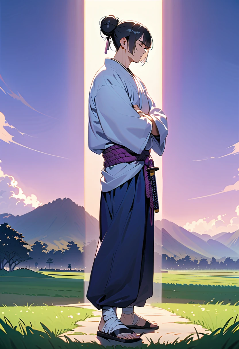 masterpiece, best quality, perfect lighting, high resolution, 1 guy, samurai, muscular, (tall stature), slim build, black hair, (manbun samurai hairstyle), spiky dual bangs, shut eyes, calm demeanor, handsome, (masculine face), (white baggy long-sleeve kimono top), long faded-blue cloth wrapped around waist, (thick light-purple rope wrapped around waist), mildly baggy navy-blue pants, (black bandages wrapped over ankles), black sandals, ((sheathed katana behind on waist)), arms crossed, full body view, three-quarter view, pasture background, (detailed background)