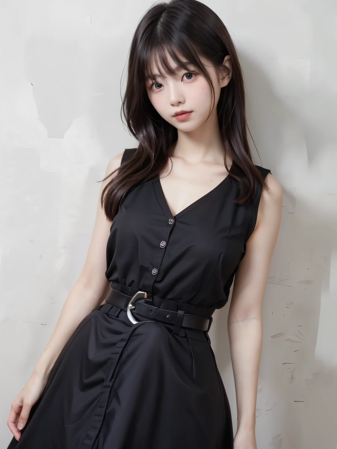 photorealistic quality 、The 20-year-old Japanese idol is posing in a black top and white skirt。., romantic dress, Frock, Cute dress , Dress and fabric, elegant dress 、Romantic and beautiful dress、 camera 、Precise and beautiful eyes、 cute smile、A gentle and calm look, Erection under clothes