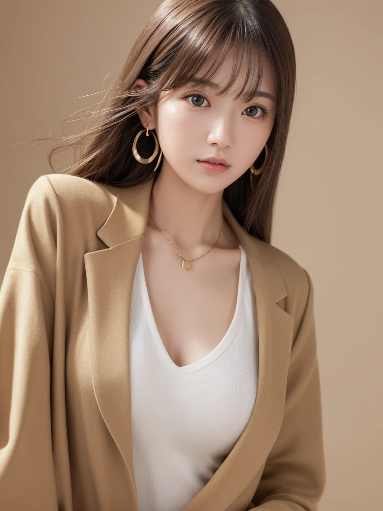 (highest quality, 8K, 32K, masterpiece, UHD:1.2),Photos of cute Japanese women, 1 girl, (medium short dark brown hair), double eyelid, Light beige suit jacket, white tank top, brown skirt, Necklace with small charm, Sit in an office chair Aiuehara