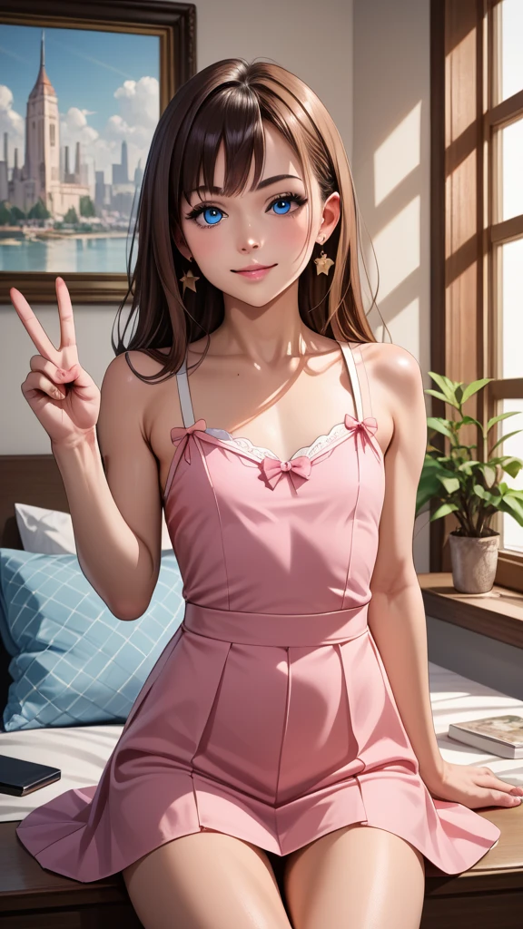 ((masutepiece, Best Quality, hight resolution, ((nsfw)), Perfect Pixel, 4K, 1girl in, Single, Solo,Appearance of Frozen Anna, Beautie、full body seen、 ((Middle Wave Hair, Bangs, Brown hair)), ((Brown-eyed, Beautiful eyelashes, Realistic eyes)), ((Detailed face, Blushing:1.2)), ((Smooth texture:0.75, Realistic texture:0.65, Photorealistic:1.1, Anime CG style)), medium breasts, Dynamic Angle, Perfect body, White tennis wear, Shirts with short sleeve collar、pleatedskirt,breasts looking、(no-bra)、、, tennis coat、during daytime、all-fours、Looks Back、Transverse breasts、Very embarrassing panic smile、(Pink floral lace panties)、