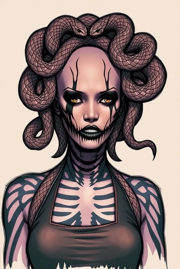 ((Medusa, gorgoneion, (face, ornate black metal corpse paint, resembles Grace Jones), hairless, snakes on head, morphology anatomy drawn Frederic Delavier musculature anatomical illustration, snake skin dress, (body, Naga, snakefolk, lower body snake tail, snake woman hybrid, bald, skeleton, snake skin tattoos, piercing eyes, snake pupils, living snakes on head, snake-hair, serpent-hair over the shoulder) )), no light source, darkness, abyss, (horror, abstract, surreal, body, cosmic), ((splash page comic cover art, ink style figure, (expressive Joelle Jones and "Sean Gordon Murphy" comic drawing), void, no visibility darkness, wordless, (background, pine barrens, entropy, rewilding, magic hour sunset, galaxy stars, cosmos), cinematic poster, full length portrait, candid, (Gerardo Zaffino charcoal), (colors, bleak muted deep fiery radiant glowing ROYGBIV, forest green, earth brown, subliminal orchids, nyctophobia, silhouette, double exposure, image within image, craftsmanship nuance, unfinished expressive rough-sketch ))

