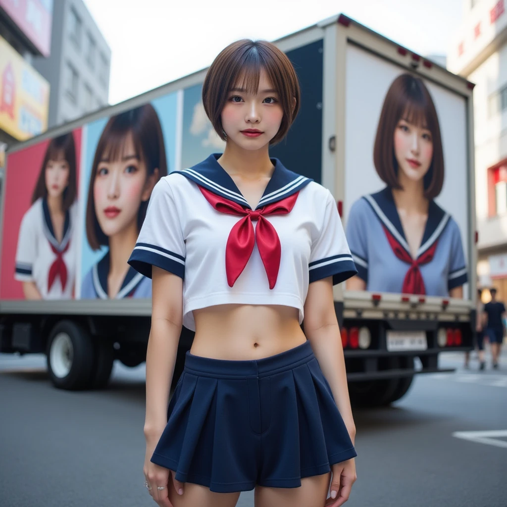 Perfect composition, Proper placement, Golden Ratio, masterpiece, Best Quality, Front View:1.331,  A beautiful Japanese woman is standing ,  cowboy shot,  SHE'S A FAMOUS SUPERMODEL, campaign girl,  Japanese high school sailor suit  :1.21, Short sleeve clothing, White short-sleeved sailor uniform :1.21, sera fuku:1.21, Red ribbon on uniform,  navy miniskirt , I can see her belly button , Brown Hair,  pixie cut hair :1.21, A large design truck is parked in the back ,  A portrait of herself is painted on a large truck,  Her own portrait is a campaign ad,  My original girlfriend is standing with her back to the truck,  sun rays  , Harajuku, Tokyo:1.331,  Cyberpunk City :1.331, intersection,  anatomically correct proportions,  small head ,  global lighting ,  Expression of Absolute Beauty  , Absolute Self-Love  ,