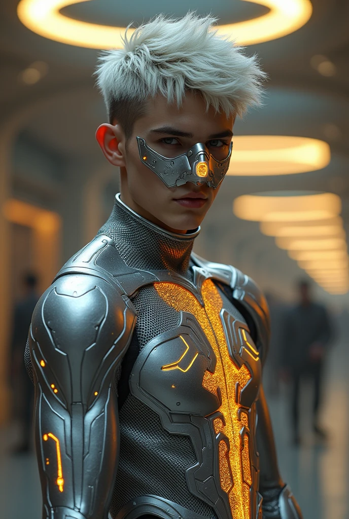 Photorealistic, Portrait of a handsome young man with short hair, silver gray, full naked, full body, SXR style, glowing gold, high-tech, standing in a glowing dome, shot. The SXR brand has an exotic and modern design, characterized by sleeves./ gloves made of steel mesh structure with cyber punk motifs. Artistry and innovation. The shirt part uses a luminous silver gray mesh insert to this look. In addition, a mask with a unique design is worn, which adds a mysterious and modern look to the whole look.
