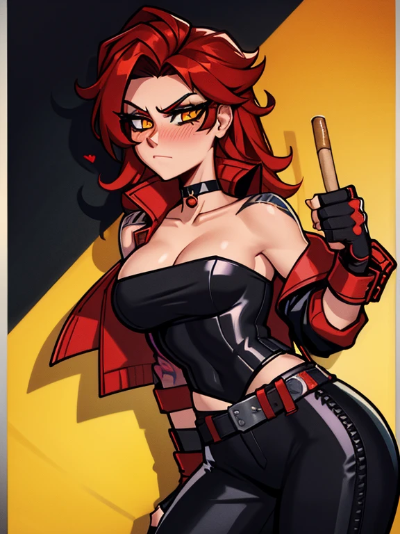 pale girl muscular girl breasts red hair yellow eyes expressionless rude Best quality, 4k, imagen de fondo de pantalla,mejor cara,mejor Cuerpo,Cuerpo de mujer definido muslos gruesos partes del cuerpo fuerte muculosa, pezones, sexy, ojos bonitos color verde ,pelo de punta, cabello color rojo,pecho gigante, gigante muy grande , escote, tetas enormes, camisa de cuero corta ,show cortos blanco , ,musculosa , muscular gothic girl, adaptar, muscular biceps, brazos musculosos, muslos musculosas, Piernas musculosas, abdominales, gothic girl, Gothic Makeup, PELO rojo , sombra de ojos negra, black lipstick, black nails, gargantilla negra, guantes sin dedos,Cuerpo completo ,tatuada , brown leather short leather jacket with a small white low shirt ,