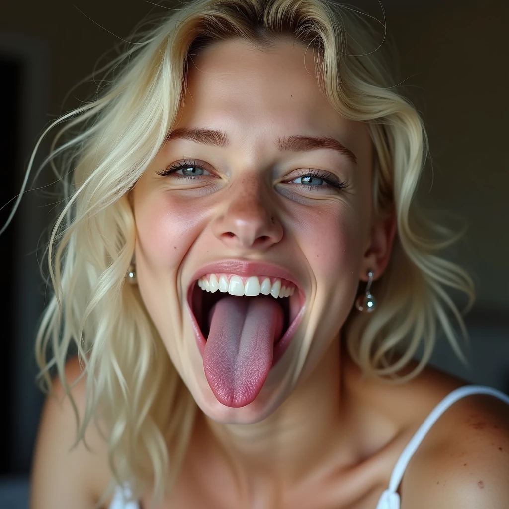 female white teen, mouth very wide open and smiling, eyes wide open in a crazed look, natural blue eyes, tongue sticking out, long blonde hair, wearing pink lingerie, extreme skin detail, ultra realistic, 8k, wallpaper, kneeling on floor, viewed from above