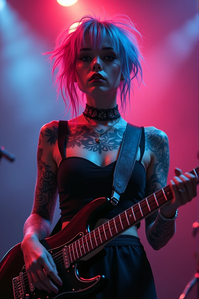 goth, color:spectrum, excited, bright rainbow hair, pale skin, smoky eyes, vivid colors, on stage, punk rock hairstyle, short messy hair, black lips, cheering, technicolor, huge breasts, chest tattoos, tattoos, neck tattoo, entire body covered in tattoos, electric guitar