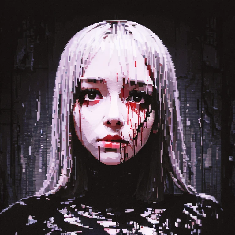  [PixElated Anime Girl, in a terrible style of manga; The state of anxious immobility, the mood of the dark riddle and subcultural anxiety], [Pixel Art, Manga Style, Horror], [Revolution of pixel art 128x128, with bright white moments; The background of the dark forest or the black -white interior of the building with the effects of driving, suggesting decay; scars on the face, blood on the body; Focus on alarming details, such as eyes and distorted mouths; Drainage images are thinly included in the background or clothes.]