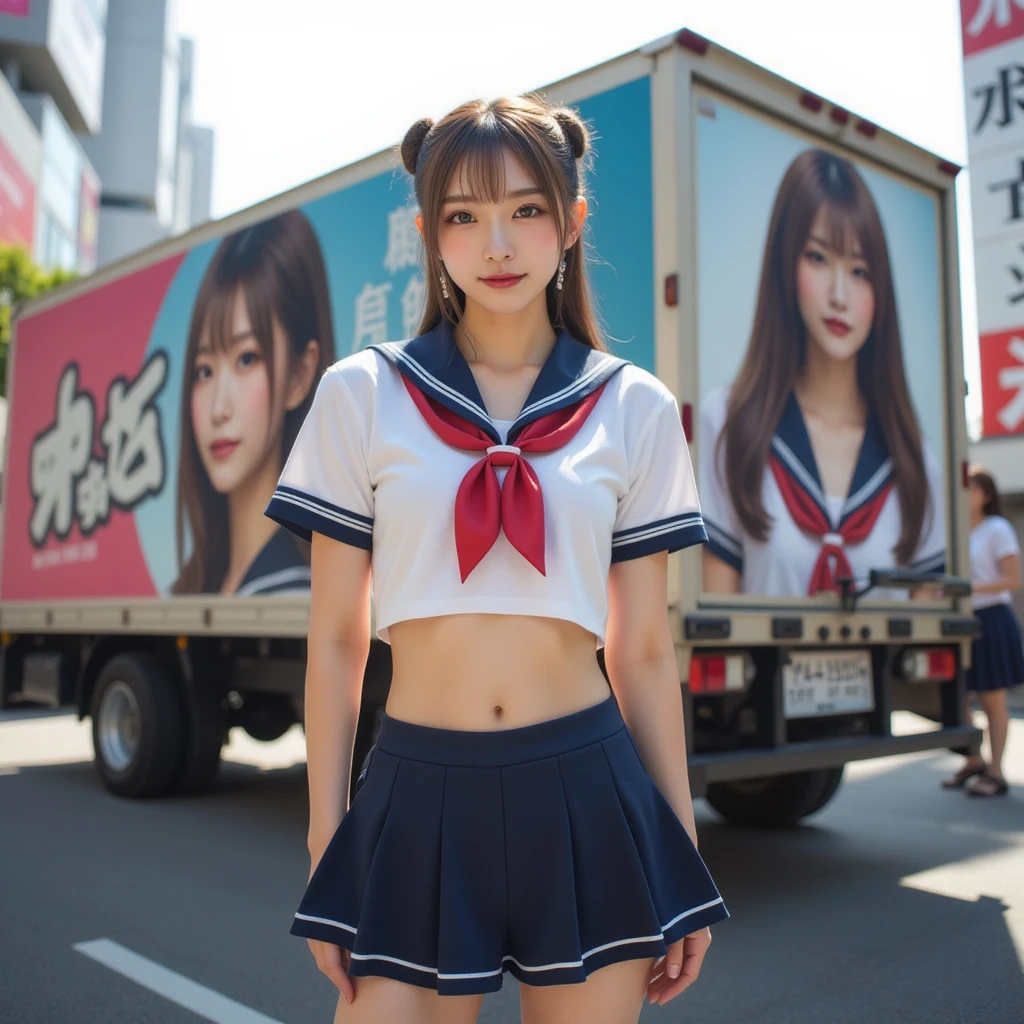 Perfect composition, Proper placement, Golden Ratio, masterpiece, Best Quality, Front View:1.331,  A beautiful Japanese woman is standing ,  cowboy shot,  SHE'S A FAMOUS SUPERMODEL, campaign girl,  Japanese high school sailor suit  :1.21, Short sleeve clothing, White short-sleeved sailor uniform :1.21, sera fuku:1.21, Red ribbon on uniform,  navy miniskirt , I can see her belly button , Brown Hair,  pixie cut hair :1.21, A large design truck is parked in the back ,  A portrait of herself is painted on a large truck,  Her own portrait is a campaign ad,  My original girlfriend is standing with her back to the truck,  sun rays  , Harajuku, Tokyo:1.331,  Cyberpunk City :1.331, intersection,  anatomically correct proportions,  small head ,  global lighting ,  Expression of Absolute Beauty  , Absolute Self-Love  ,