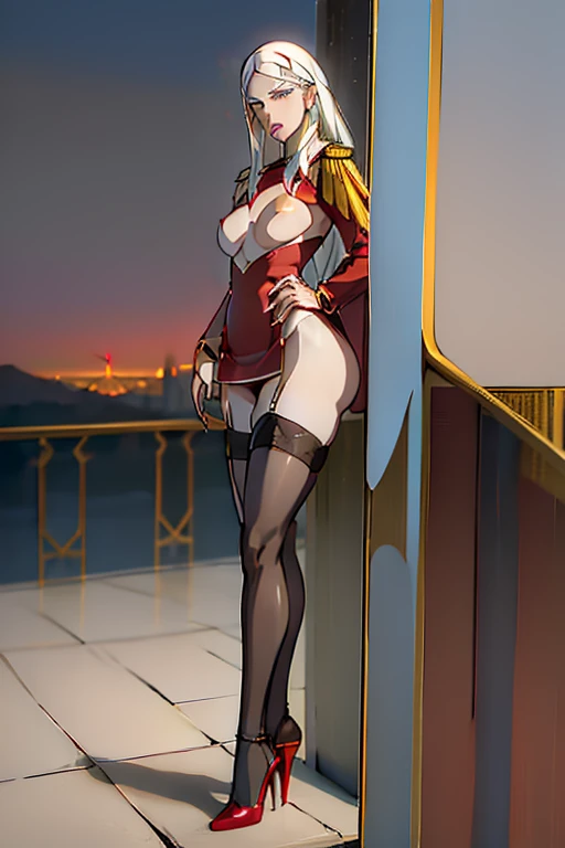 carmilla, (( medium breasts,  white hair,  beautiful face,  blue eyes ,military uniform, советская military uniform )), (masterpiece1.2),  better quality, absurdities,  High resolution, Extremely detailed wallpaper,  Perfect lighting , from below, Blue eyes, ((castillo, View of the castle, outdoors, de Evening, Evening, at night)),(((breasts, heels, high heels, ingerie , stockings, Black stockings))) 