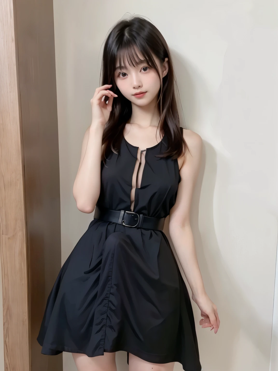 photorealistic quality 、The 20-year-old Japanese idol is posing in a black top and white skirt。., romantic dress, Frock, Cute dress , Dress and fabric, elegant dress 、Romantic and beautiful dress、 camera 、Precise and beautiful eyes、 cute smile、A gentle and calm look, Erection under clothes