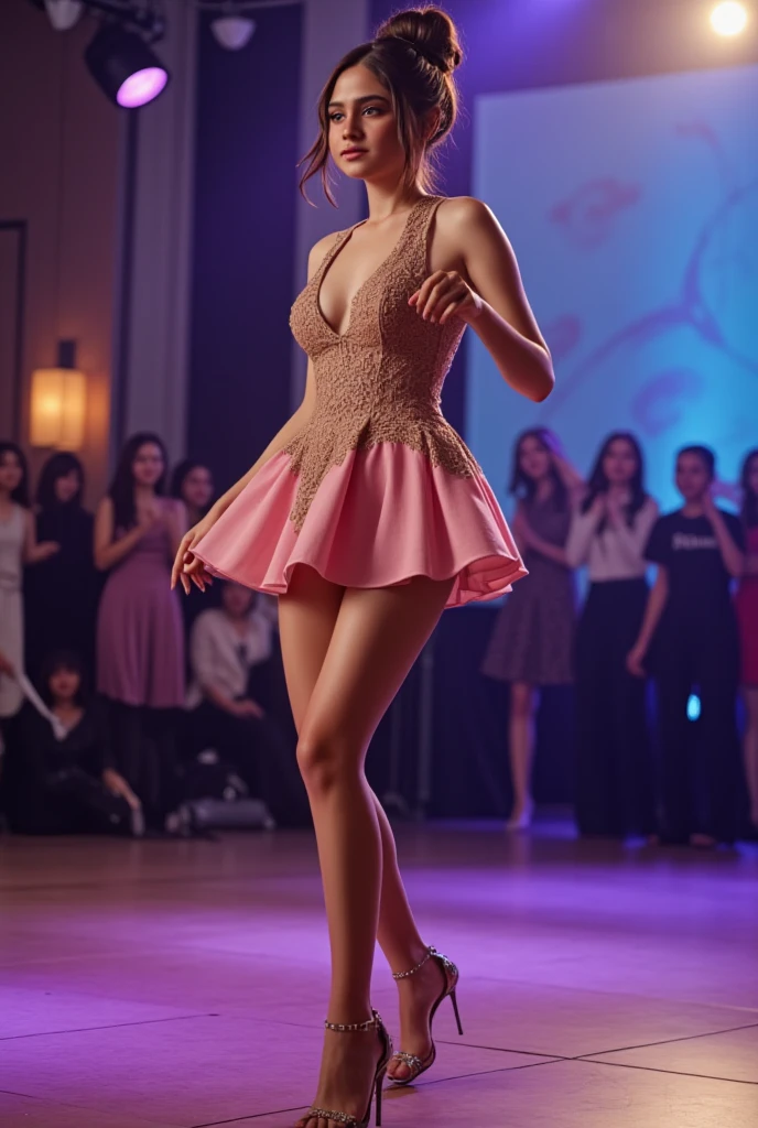 A young woman perform in a dance floor, wearing cute dress and accessorized