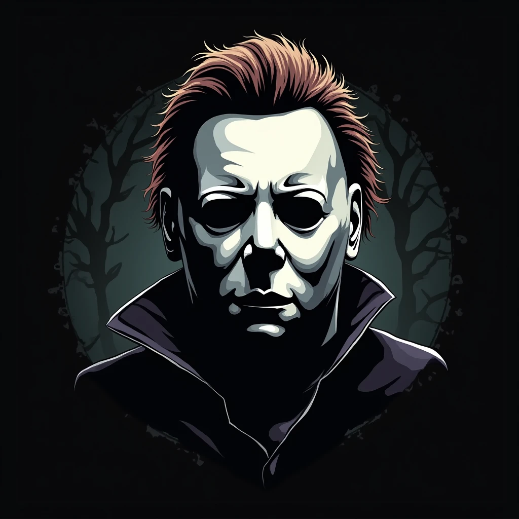 2D cartoon Michael Myers holding a photo camera, solid black background
