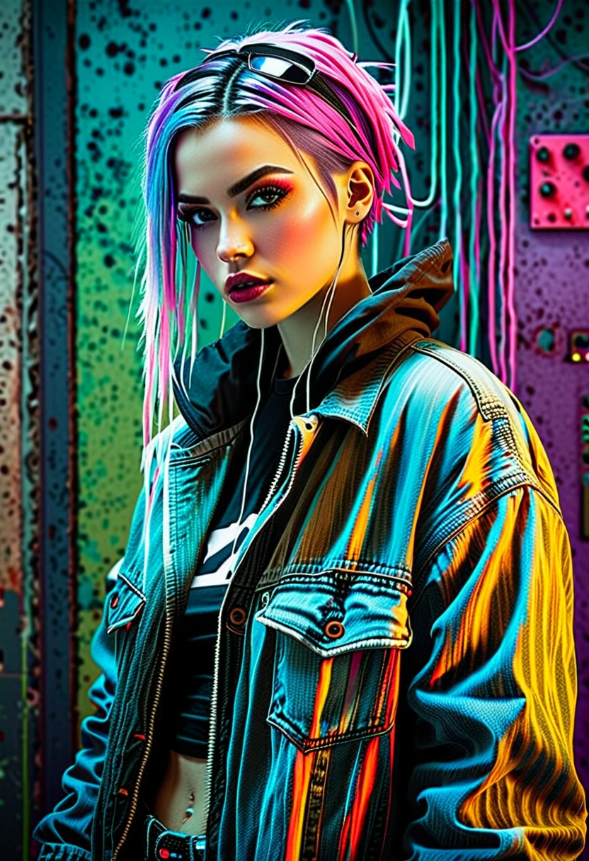 create an image demonstrating the style of ((Cyber Grunge)) style, hyper realism, 8k high definition, vibrant colors, sharp focus, insanely detailed