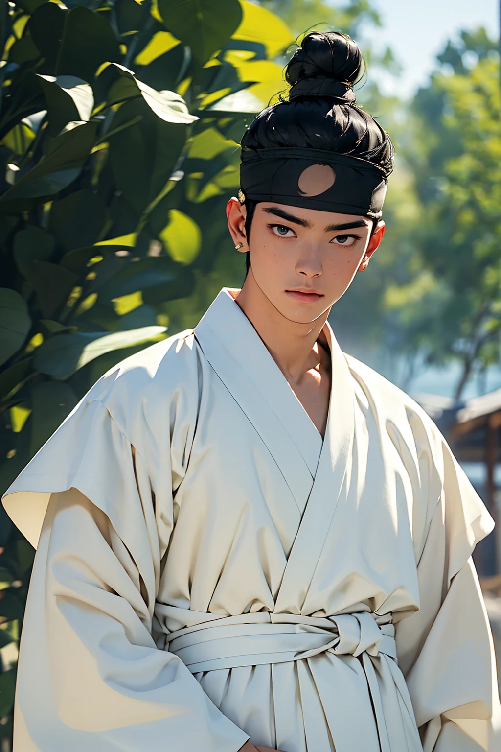 (absurdres, highres, masterpiece, best quality, ultra-realistic,ultra-detailed),(beautiful detailed face and eyes and hair:1.1),handsome,asian man,tall and muscular,broad shoulders,black hair,black eyes,datailed face,topknot,see-through headband,white hanbok,sad,upper body, sea background