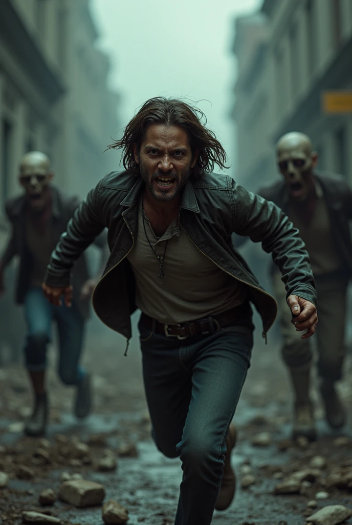 man running away from zombie horde