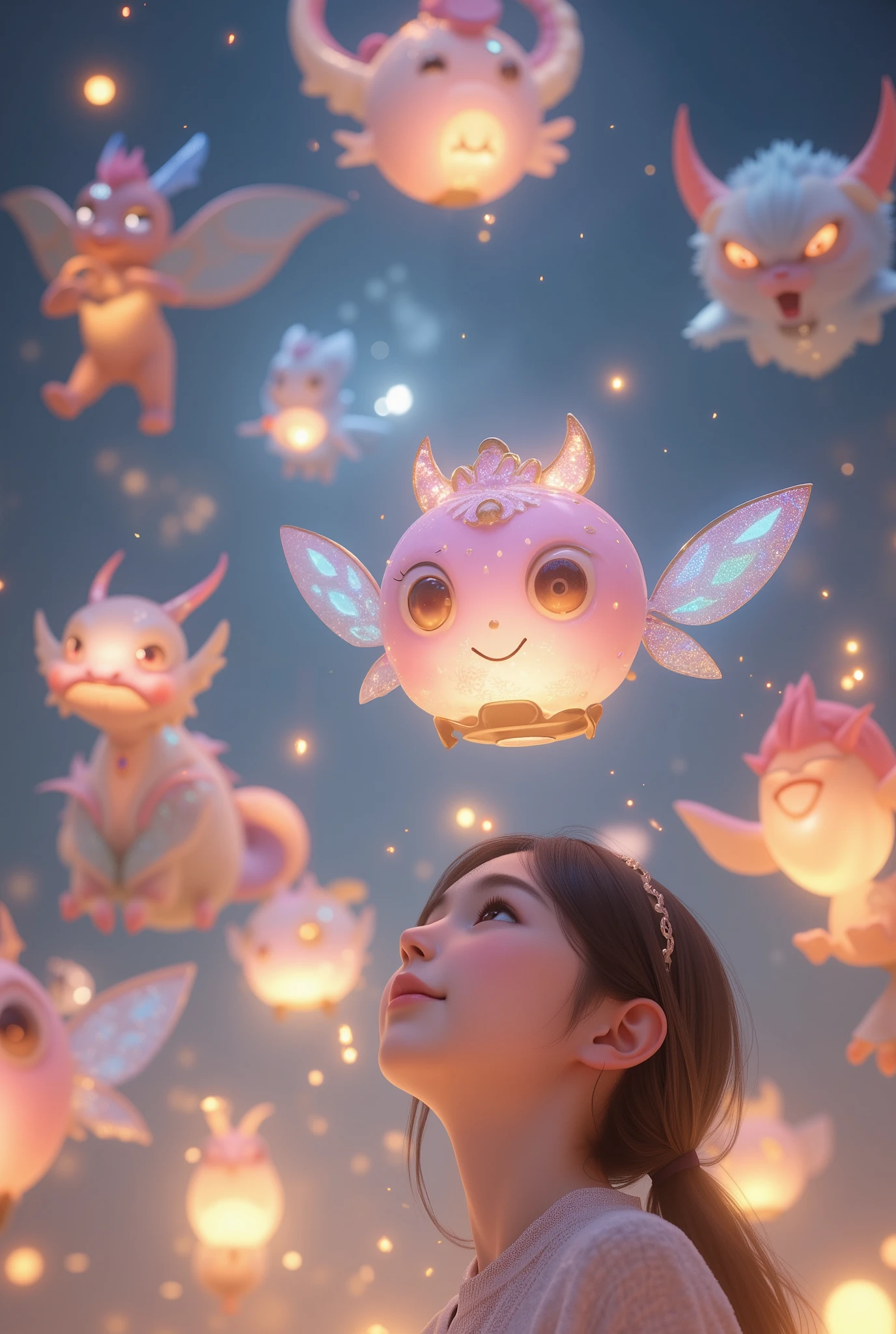 A whimsical, fantasy-inspired scene of a young girl surrounded by uniquely designed floating lanterns in the shape of magical creatures, flowers, and stars. Each lantern glows with a soft, warm light and has delicate, intricate details, such as floral patterns, sparkling gemstones, or small, wing-like extensions that make them look enchanted. The girl gazes at the lanterns with wonder, her expression filled with joy and awe. The lanterns hover in various colors, including pastel pinks, blues, and golds, with some resembling adorable creatures or fantasy shapes. Gentle, sparkling particles fill the air, while the scene is illuminated with a warm, magical glow, creating an atmosphere that is both charming and full of fantasy,
