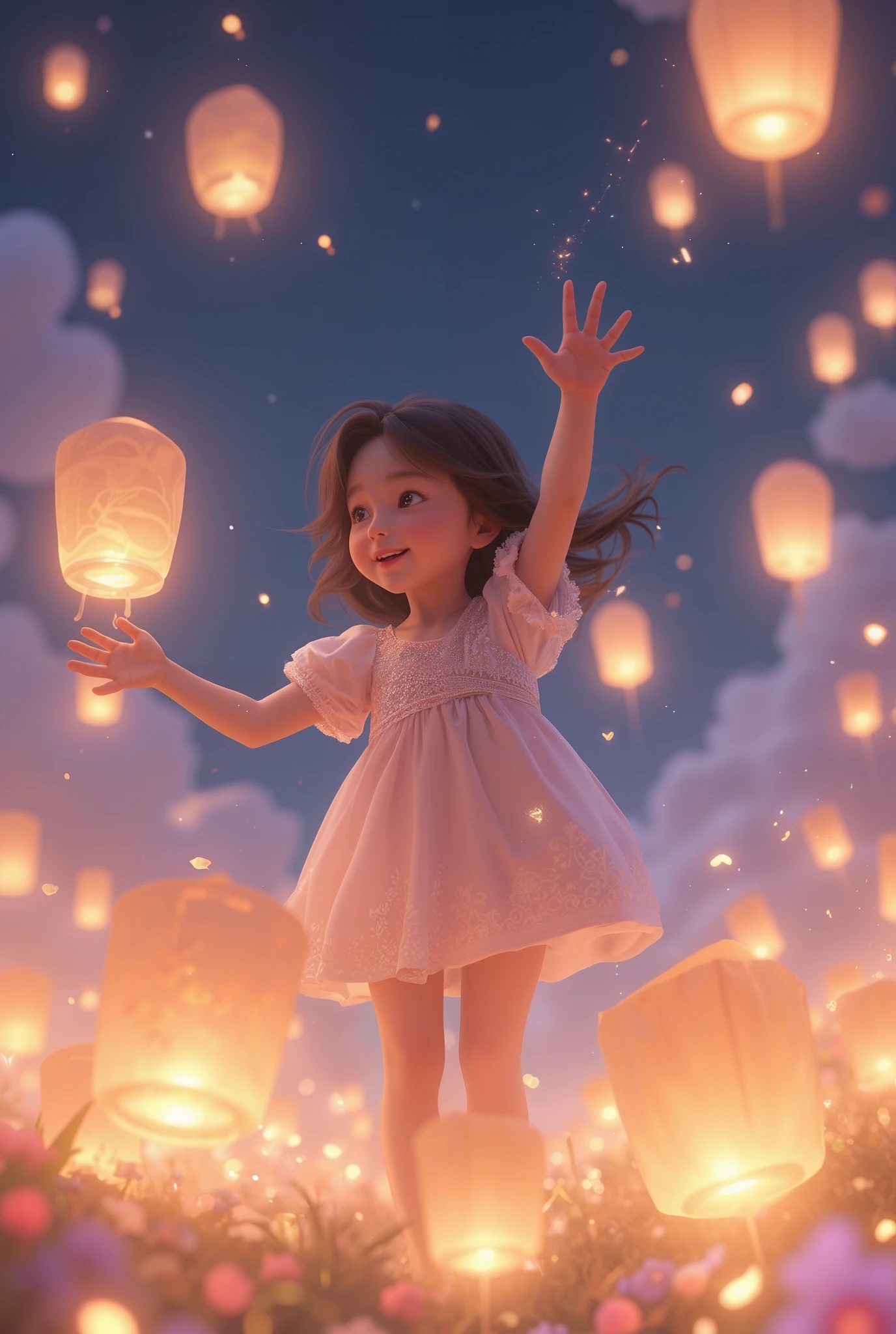 A heartwarming, whimsical scene of a young girl surrounded by floating lanterns in a magical, fantasy setting. The girl has a joyful expression, her eyes wide with wonder as she reaches up toward the softly glowing lanterns that float around her. She wears a cute, flowing dress with delicate details, and her hair is gently lifted by a soft breeze. The scene is bathed in warm, radiant light from the lanterns, with soft pastel hues of pink, gold, and lavender. Sparkling particles fill the air, adding a magical touch, while the night sky above is dotted with stars. The atmosphere is enchanting and full of joy, capturing a sense of innocence and fantasy,