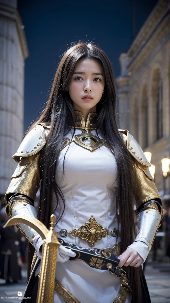 Alone,   high definition , masterpiece,  Best Quality,   Ultra High Definition,  woman、Long hair parted to the center 、  Medieval Fantasy World、(( white armor with gold attachments)), Knights of medieval Europe 、Slanted Eyes、 cool face 、 shot of an upright upper body、 in the background is a medieval European city at night、 turn your gaze , Rin holding a spear 々Standing posture、