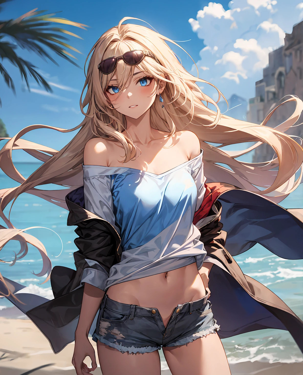 (masterpiece), best quality, expressive eyes, highres, anatomically correct, 1girl, perfect face, perfect hands, female, long hair, fair skin, medium chest, cowboy shot, half body, perfect anatomy, ashy blonde colored hair, adult female, mature female, attractive, streaked with many hints of blue and white, unique two tone hair, long hair, flowing hair, wearing sunglasses, strong, soldier, casual wear, form fitting, toned body, muscular, messy hair, half body shot, cowboy shot, symmetrical features, friendly, sarcastic, fun, hero, unique, t-shirt, oversized shirt, bust outline, gray shorts, long jacket, sky blue jacket with hints of white on the sleeves, flowing clothes, flowing hair, wind, windy, hands in pockets, blue eyes, hair over shoulders, beautiful maiden, laid back, assured, confident, bianka durandal ataegina, off shoulder, oversized shirt, two arms, perfect anatomy,
